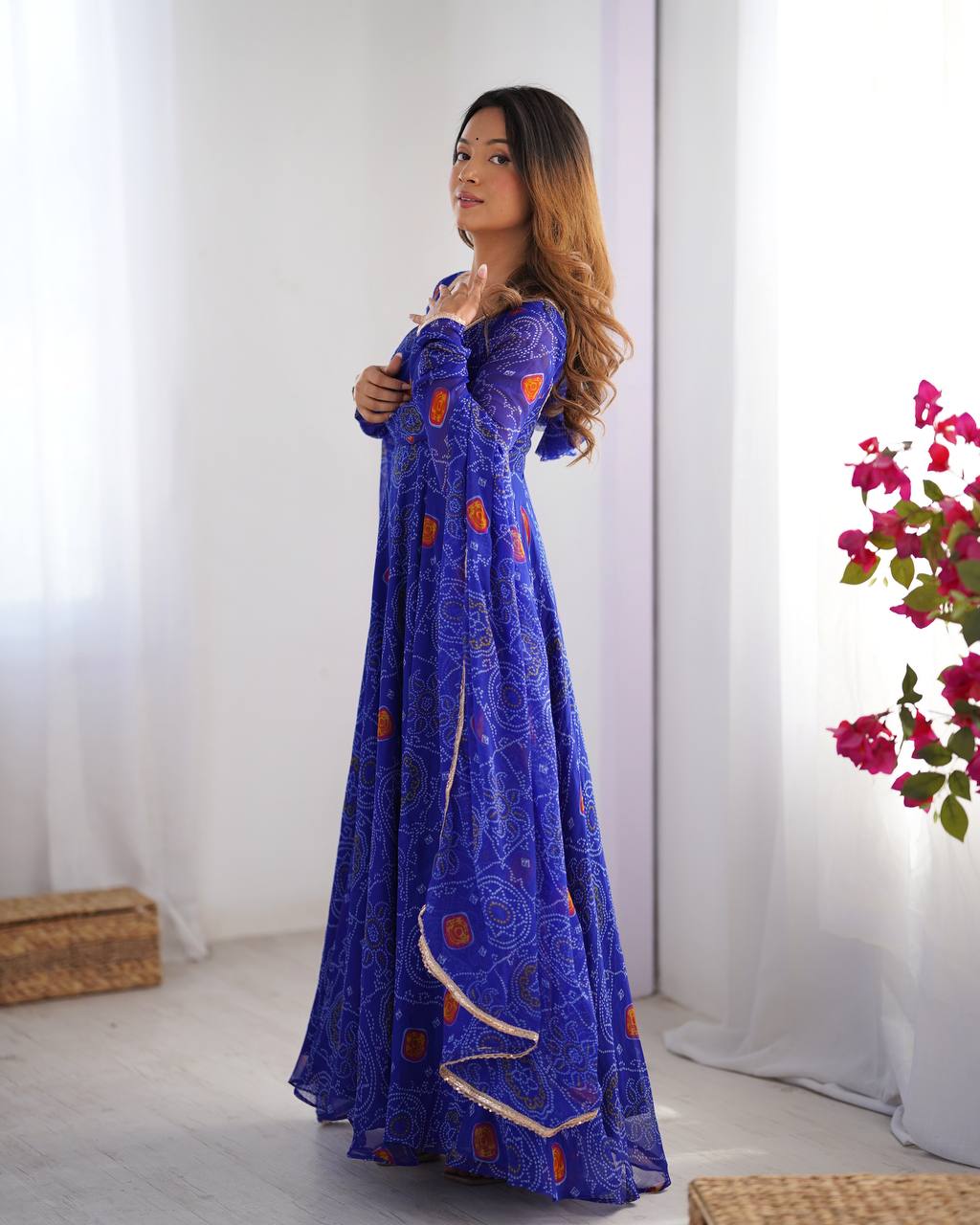 Blue Bandhej Style Printed Anarkali Suit with Dupatta