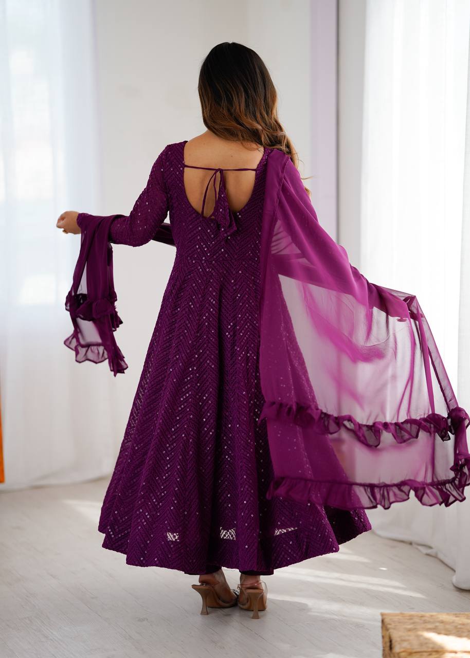 Plum Sequin Georgette Anarkali Suit with Dupatta – Festive & Party Wear