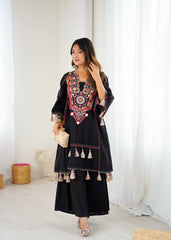 Black Tribal Mirror Work Kurta with Tassel Detailing & Palazzos