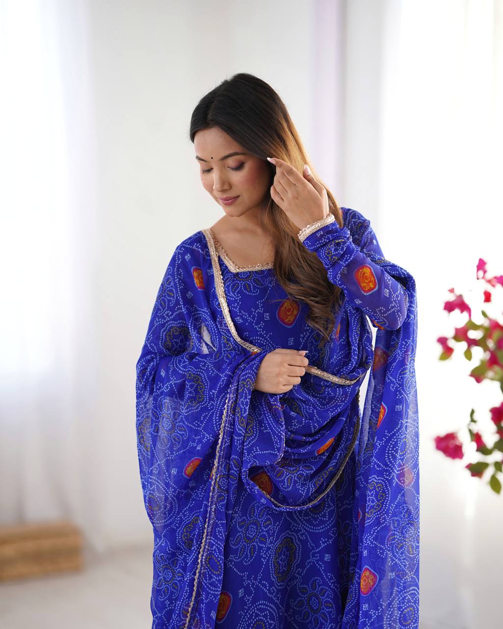 Blue Bandhej Style Printed Anarkali Suit with Dupatta
