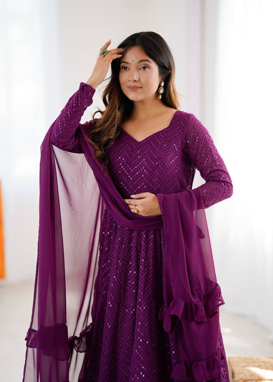 Plum Sequin Georgette Anarkali Suit with Dupatta – Festive & Party Wear