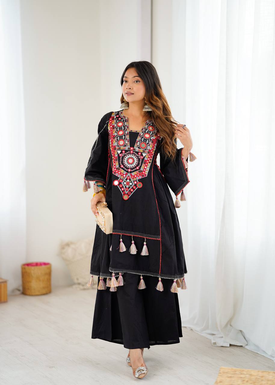 Black Tribal Mirror Work Kurta with Tassel Detailing & Palazzos