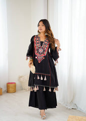 Black Tribal Mirror Work Kurta with Tassel Detailing & Palazzos