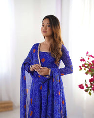 Blue Bandhej Style Printed Anarkali Suit with Dupatta
