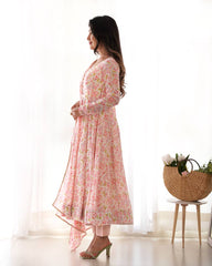Pastel Pink Floral Print Anarkali Suit Set with Dupatta