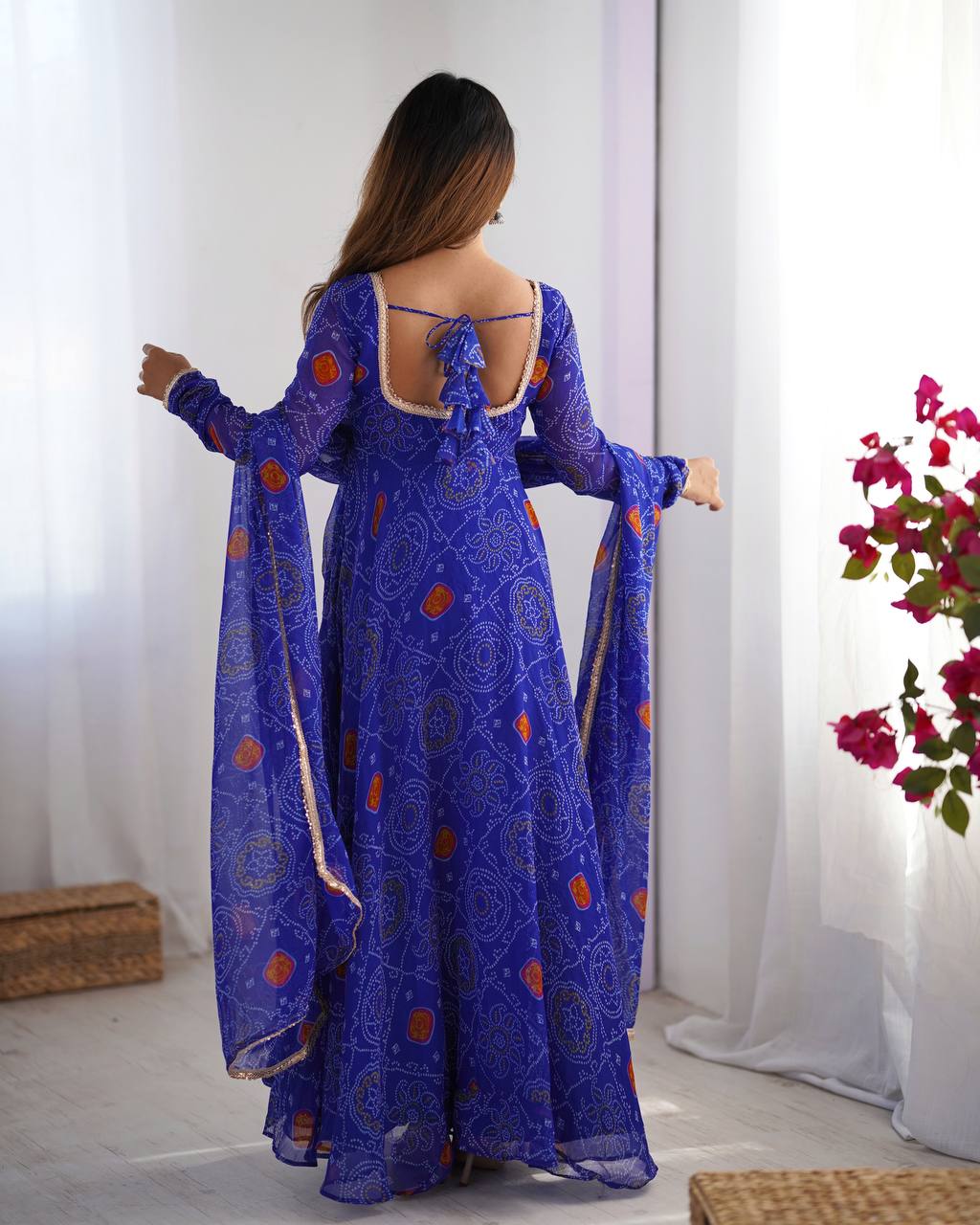 Blue Bandhej Style Printed Anarkali Suit with Dupatta