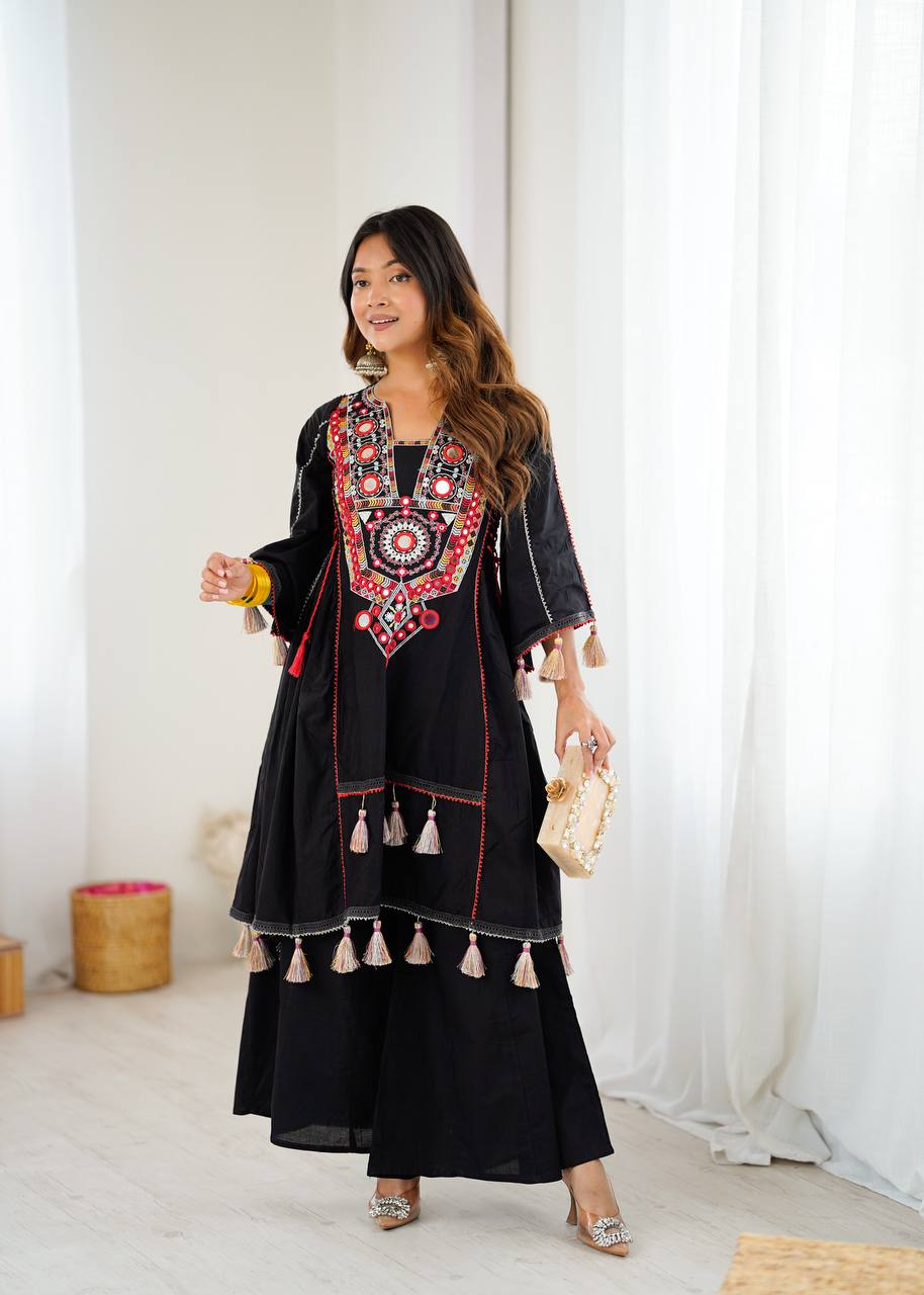 Black Tribal Mirror Work Kurta with Tassel Detailing & Palazzos