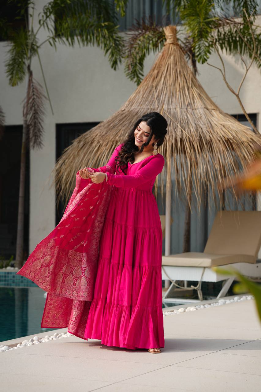 Hot Pink Tiered Anarkali with Banarasi Dupatta