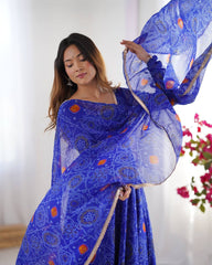 Blue Bandhej Style Printed Anarkali Suit with Dupatta