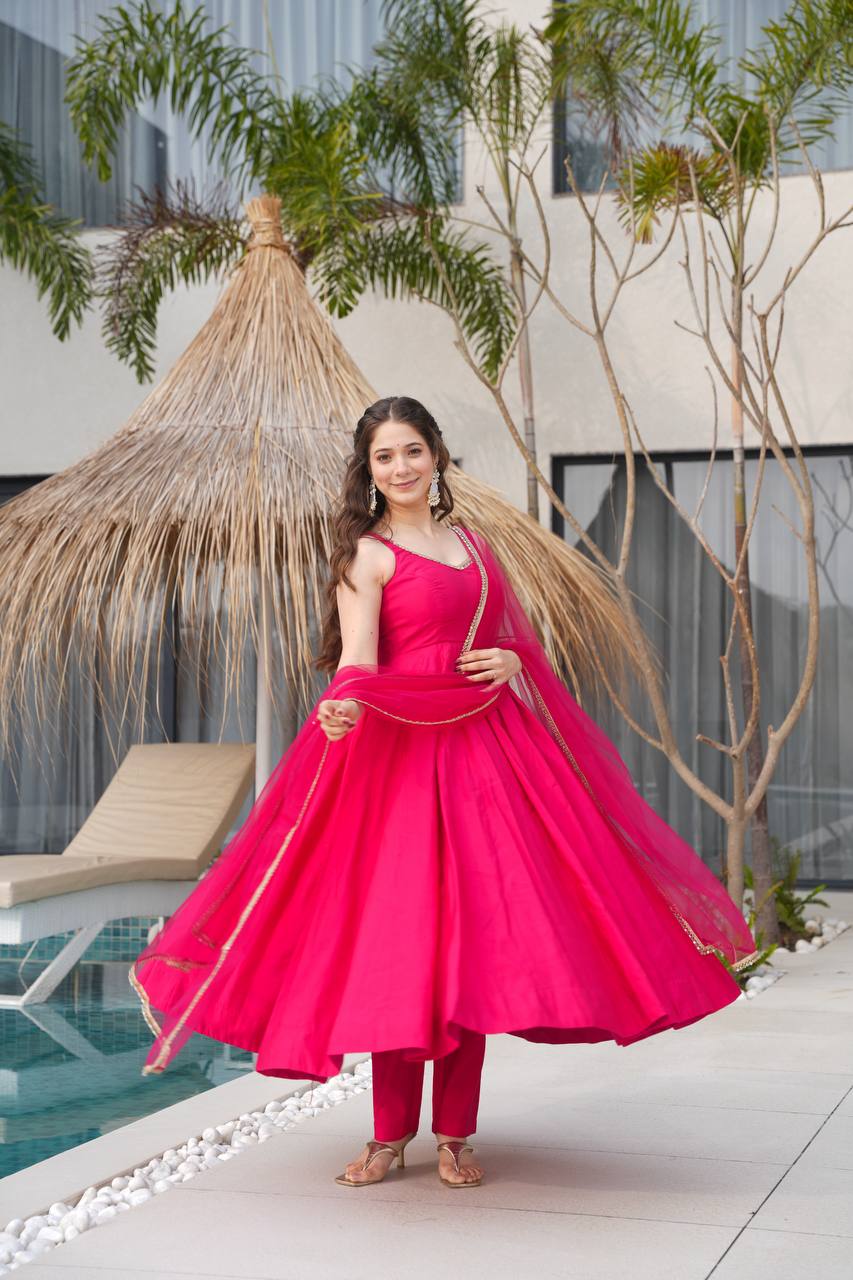 Seafoam Green & Red Sleeveless Anarkali Suit Set with Dupatta – Premium Tissue Silk Blend