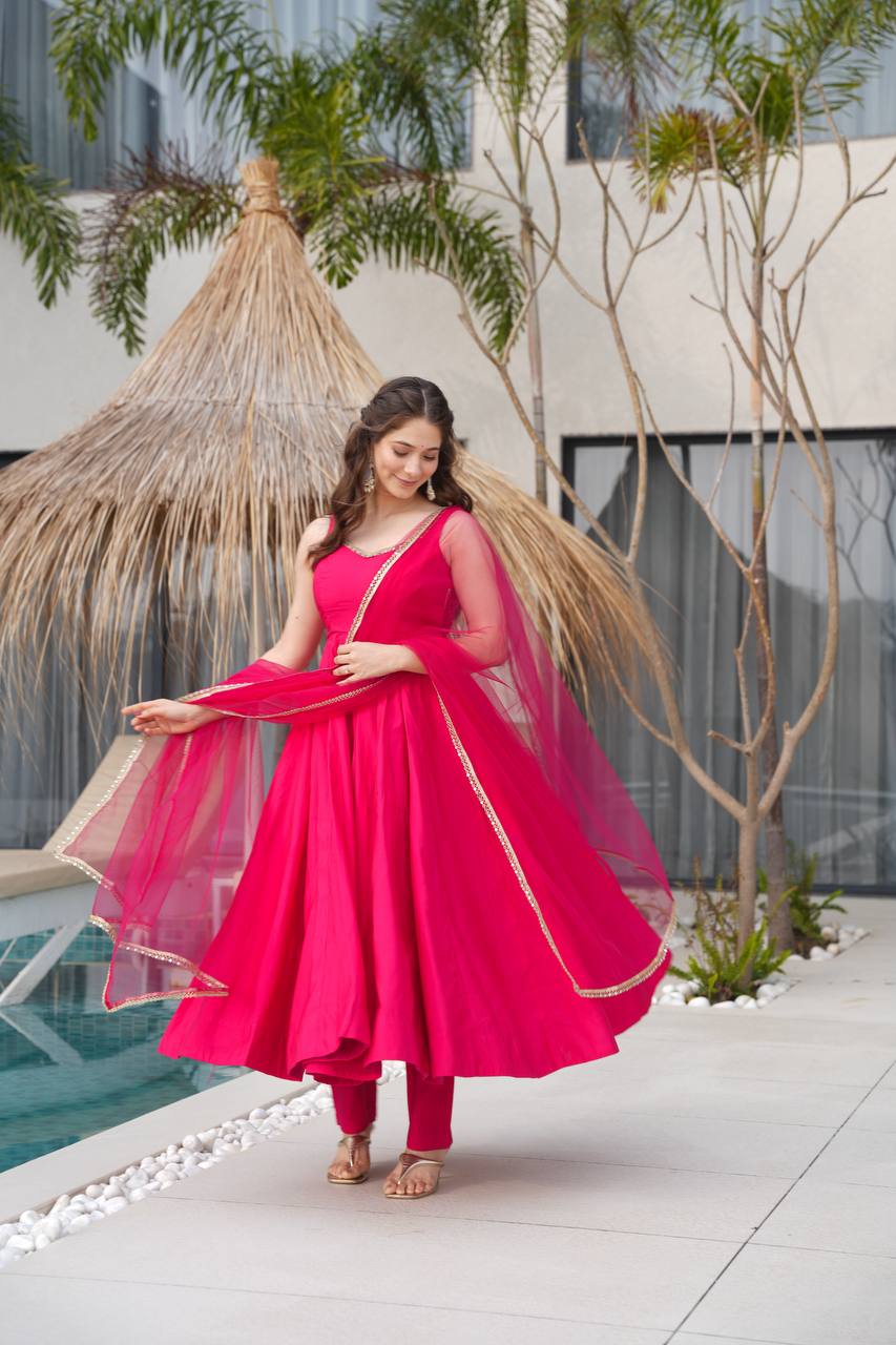 Hot Pink Georgette Anarkali with Golden Lace Dupatta