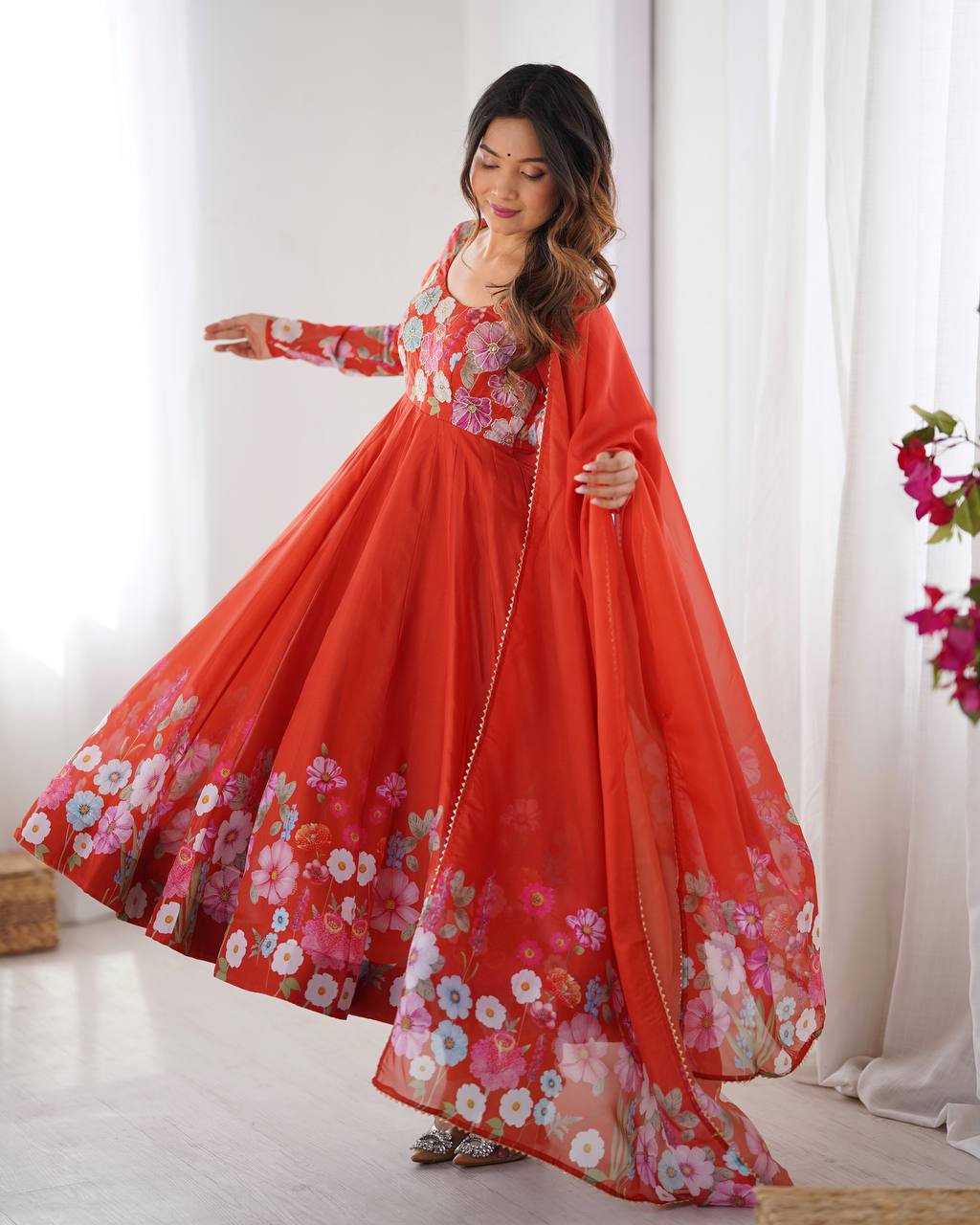 Orange Floral Printed Anarkali Suit with Dupatta