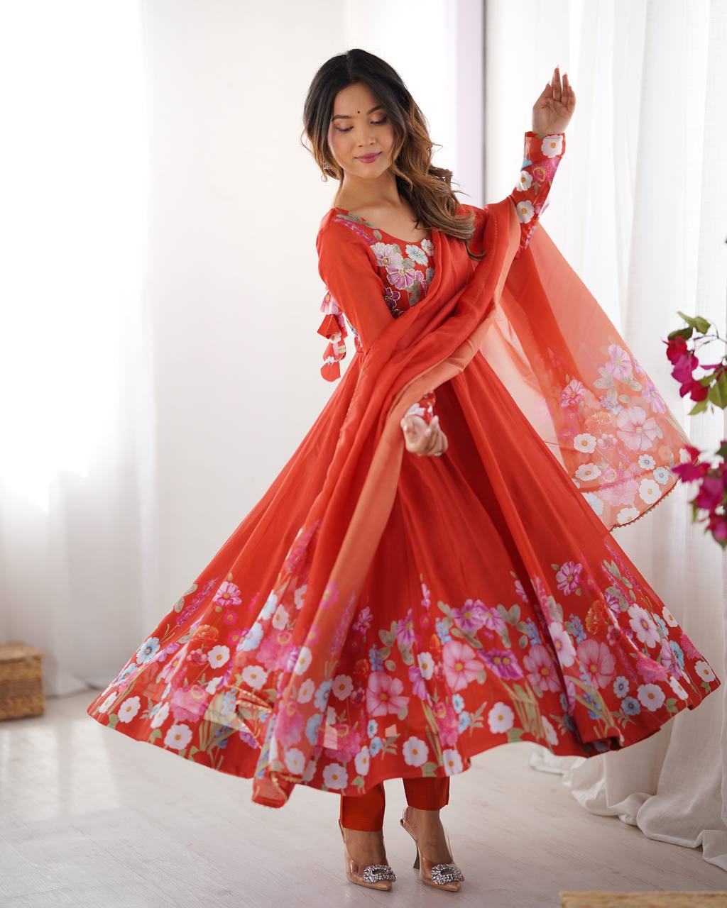 Orange Floral Printed Anarkali Suit with Dupatta