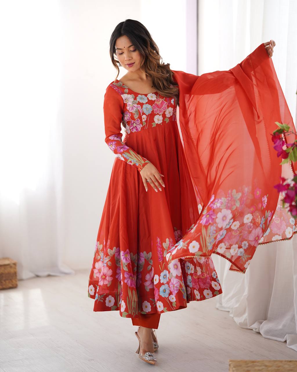 Orange Floral Printed Anarkali Suit with Dupatta