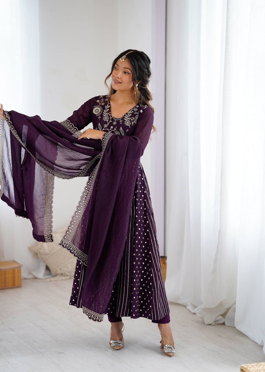 Purple Silk Anarkali with Gota Patti Dupatta & Churidar