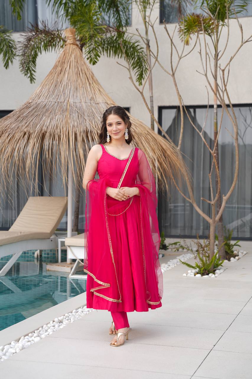 Seafoam Green & Red Sleeveless Anarkali Suit Set with Dupatta – Premium Tissue Silk Blend