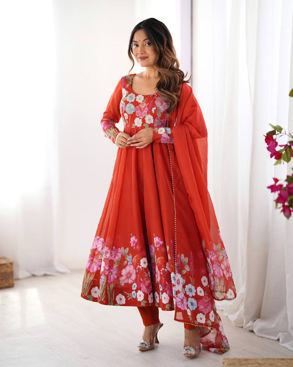 Orange Floral Printed Anarkali Suit with Dupatta