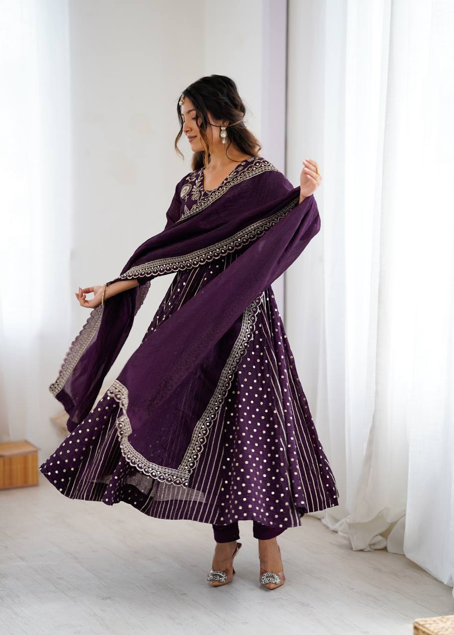 Purple Silk Anarkali with Gota Patti Dupatta & Churidar