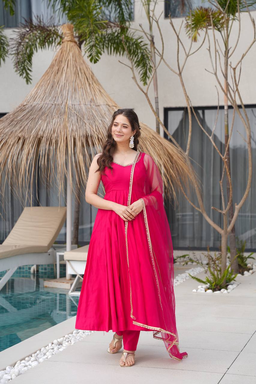 Seafoam Green & Red Sleeveless Anarkali Suit Set with Dupatta – Premium Tissue Silk Blend