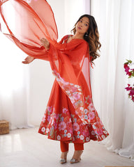 Orange Floral Printed Anarkali Suit with Dupatta