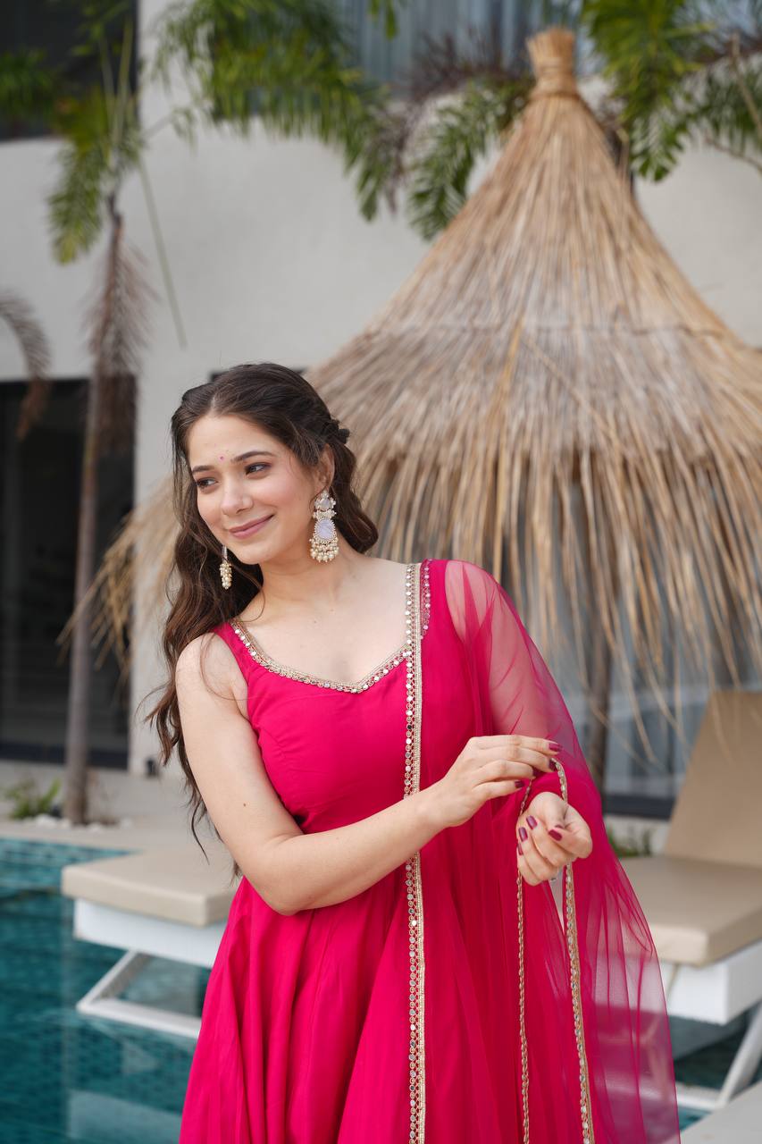 Hot Pink Georgette Anarkali with Golden Lace Dupatta