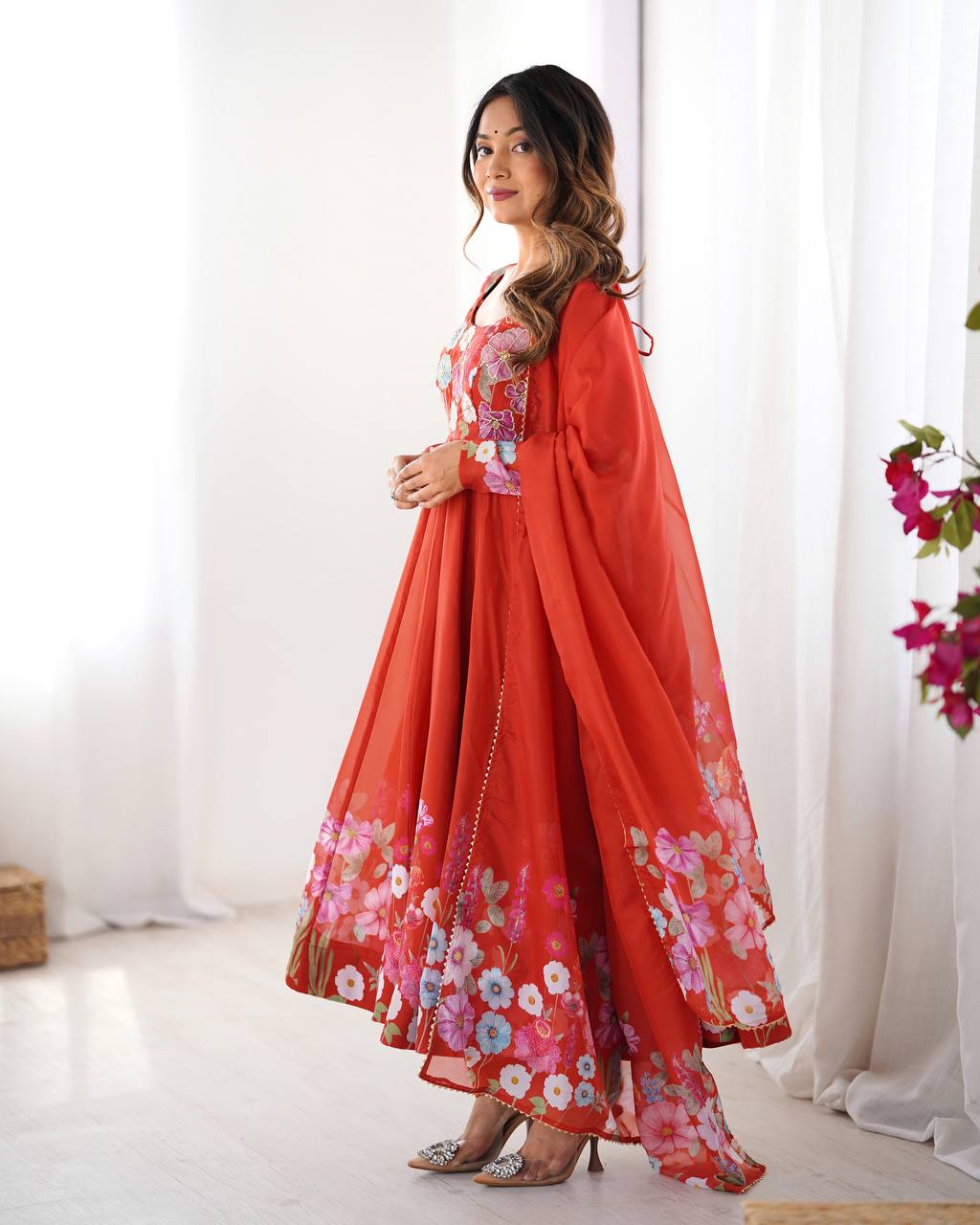 Orange Floral Printed Anarkali Suit with Dupatta