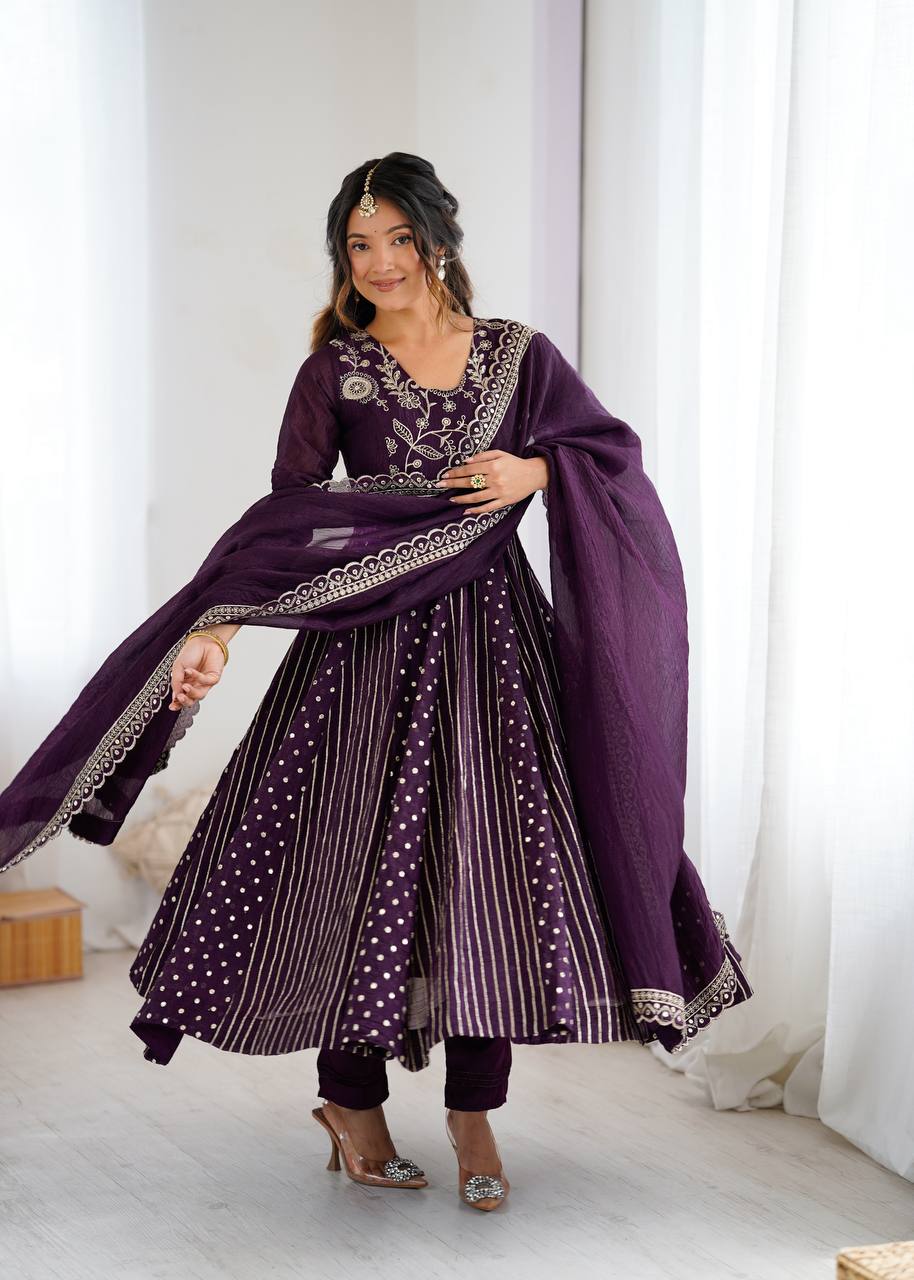 Purple Silk Anarkali with Gota Patti Dupatta & Churidar