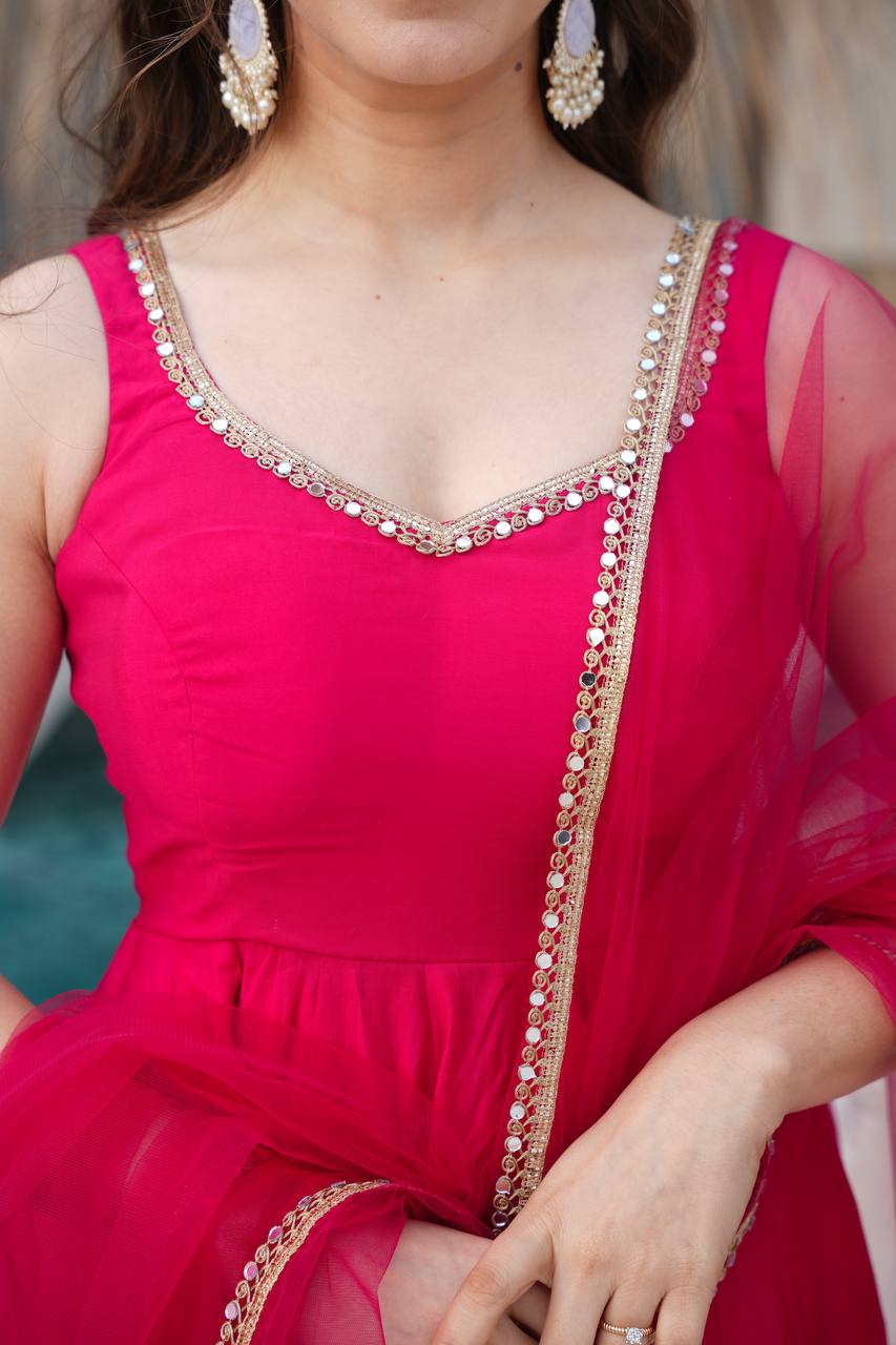 Seafoam Green & Red Sleeveless Anarkali Suit Set with Dupatta – Premium Tissue Silk Blend