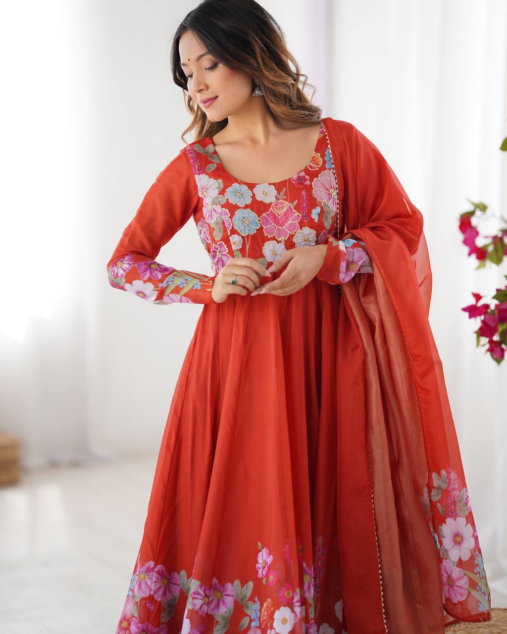 Orange Floral Printed Anarkali Suit with Dupatta