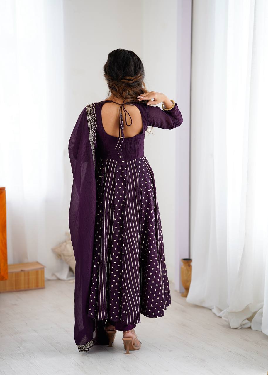 Purple Silk Anarkali with Gota Patti Dupatta & Churidar