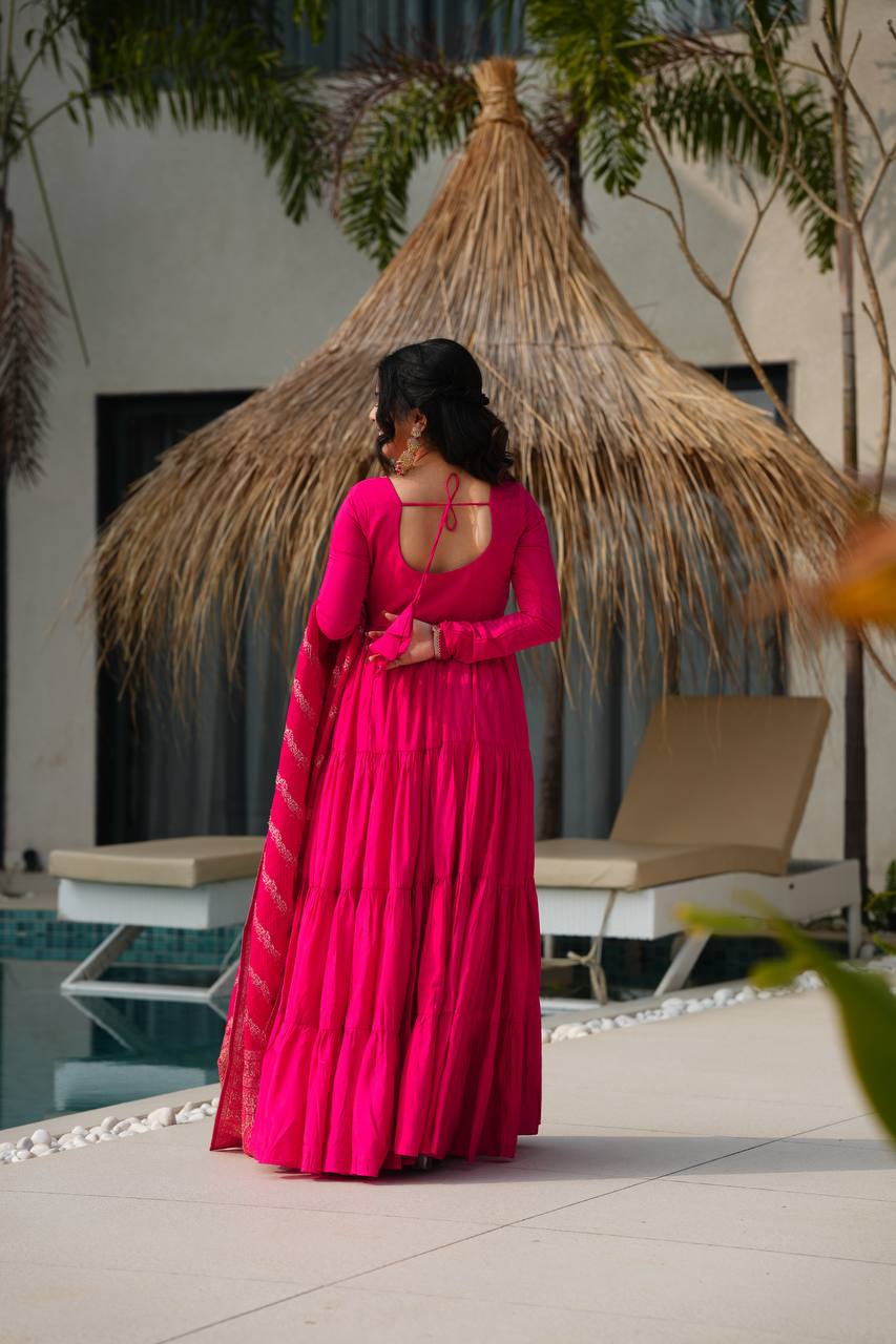 Hot Pink Tiered Anarkali with Banarasi Dupatta