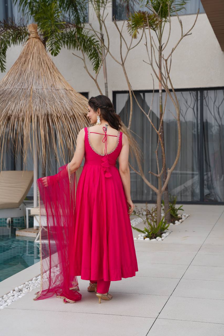 Seafoam Green & Red Sleeveless Anarkali Suit Set with Dupatta – Premium Tissue Silk Blend