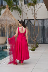 Hot Pink Georgette Anarkali with Golden Lace Dupatta