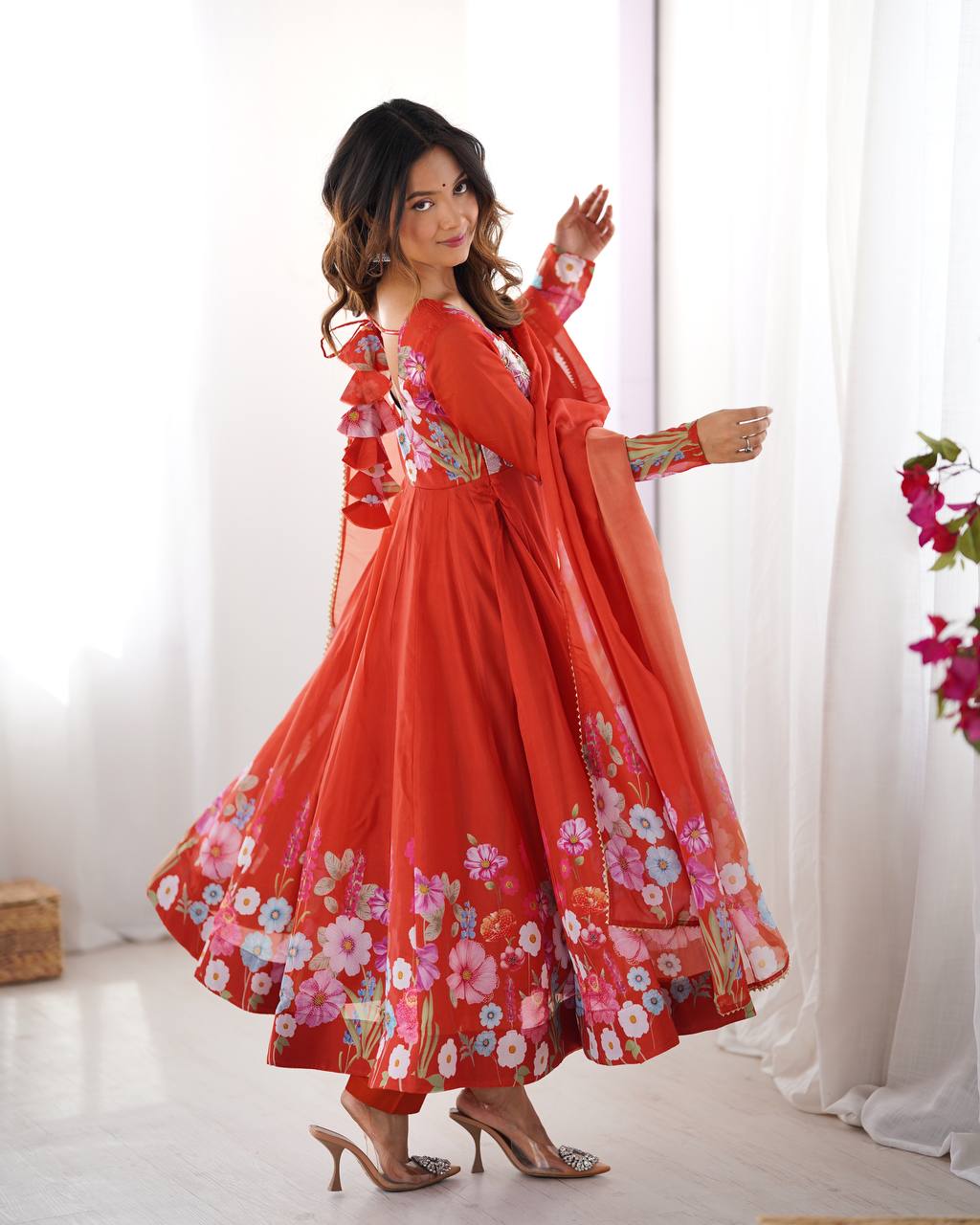Orange Floral Printed Anarkali Suit with Dupatta
