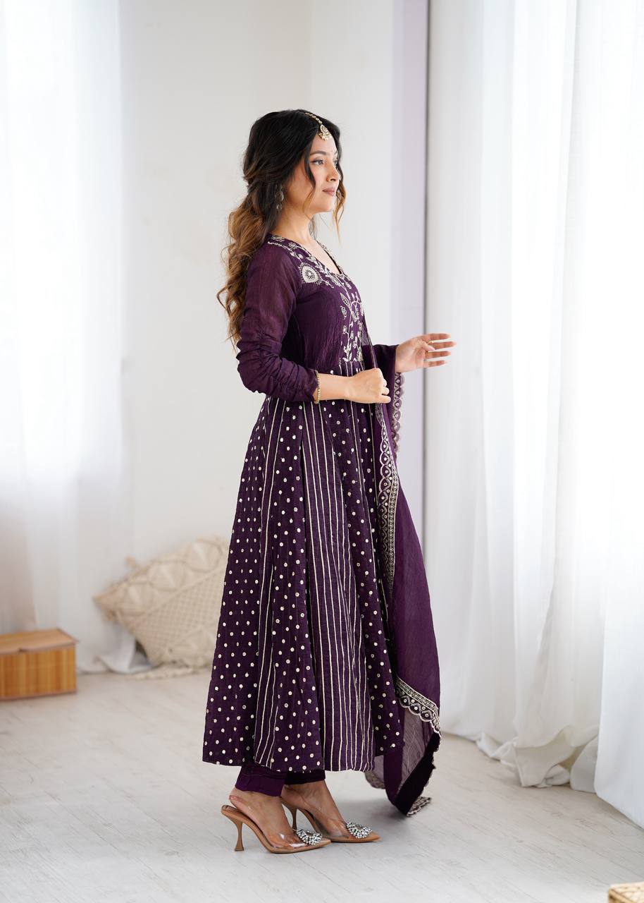 Purple Silk Anarkali with Gota Patti Dupatta & Churidar