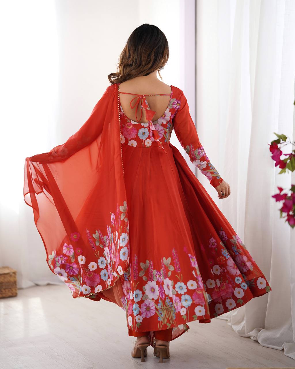Orange Floral Printed Anarkali Suit with Dupatta
