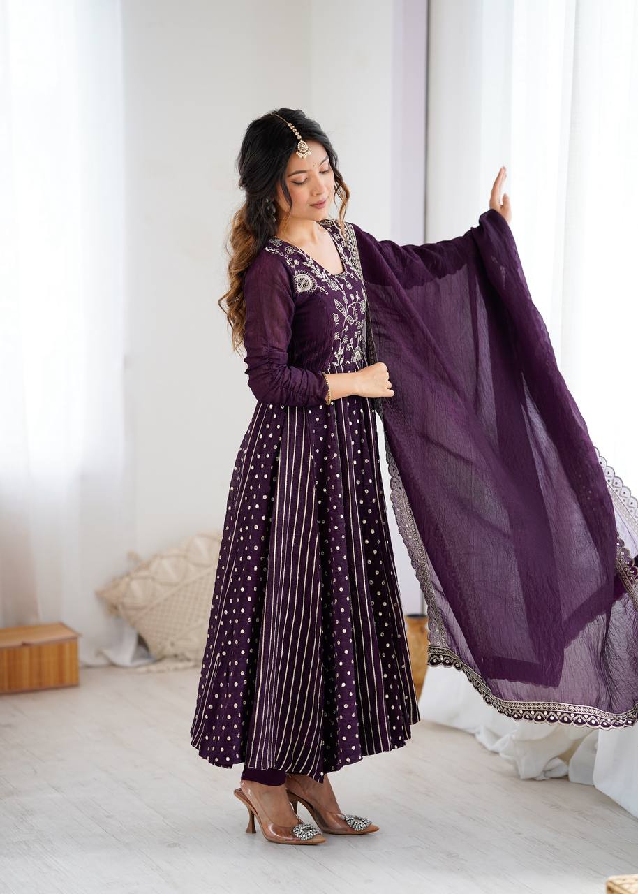 Purple Silk Anarkali with Gota Patti Dupatta & Churidar