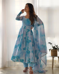 Aqua Blue Watercolor Print Anarkali Suit Set with Dupatta