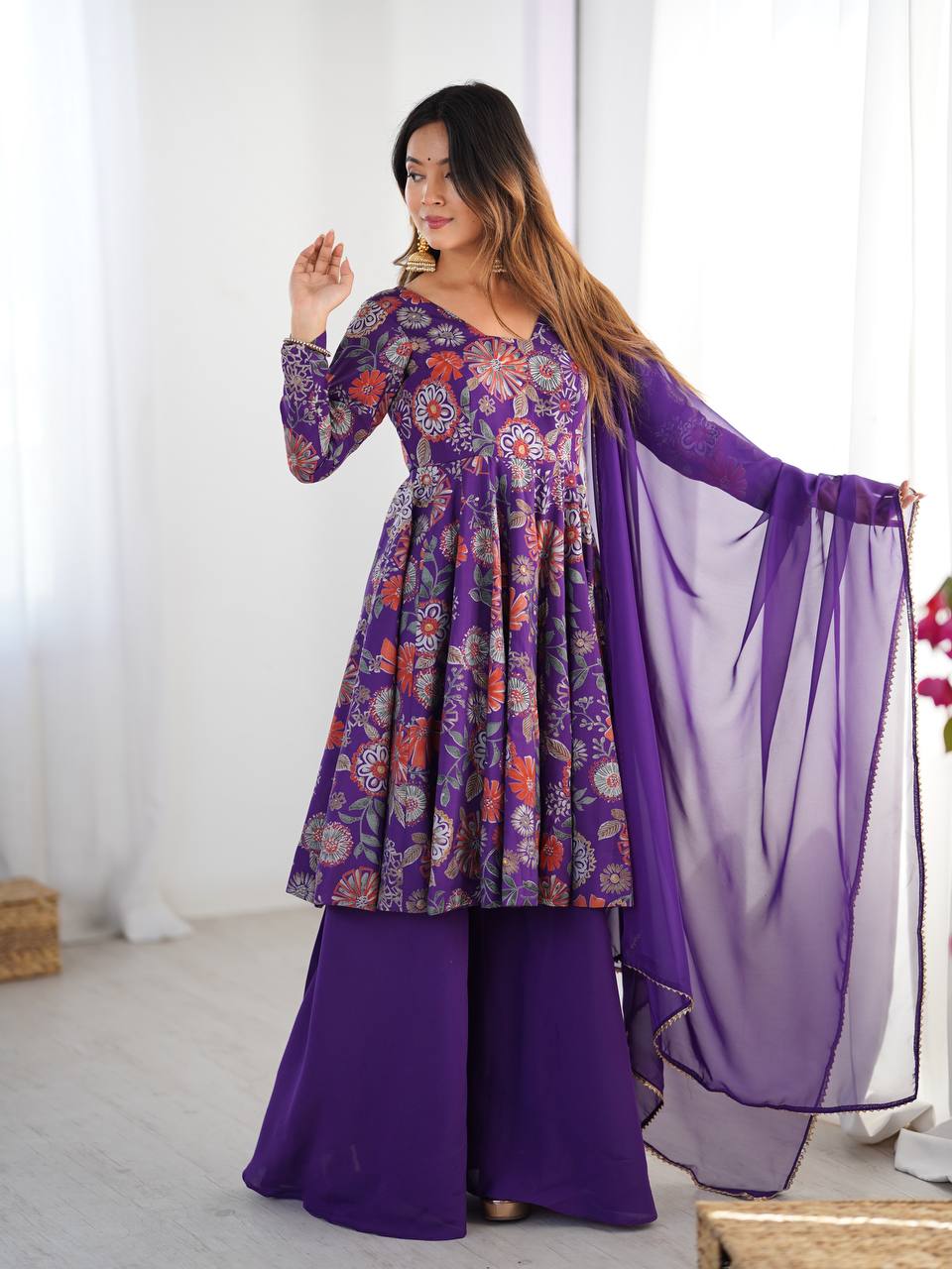Purple Floral Printed Anarkali with Sharara & Dupatta