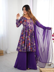 Purple Floral Printed Anarkali with Sharara & Dupatta