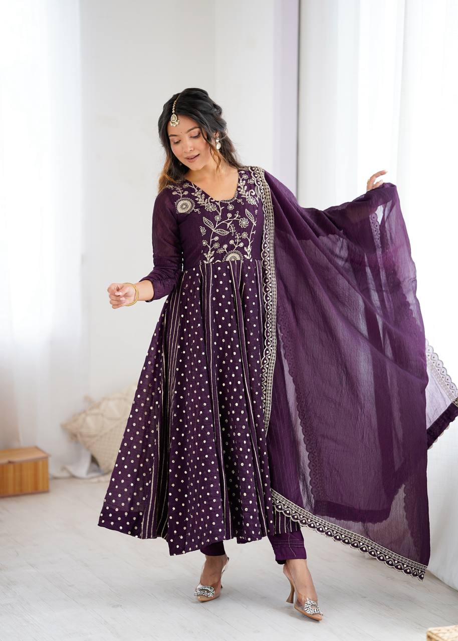 Purple Silk Anarkali with Gota Patti Dupatta & Churidar