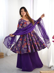 Purple Floral Printed Anarkali with Sharara & Dupatta