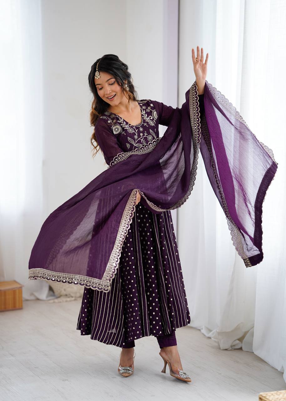 Purple Silk Anarkali with Gota Patti Dupatta & Churidar
