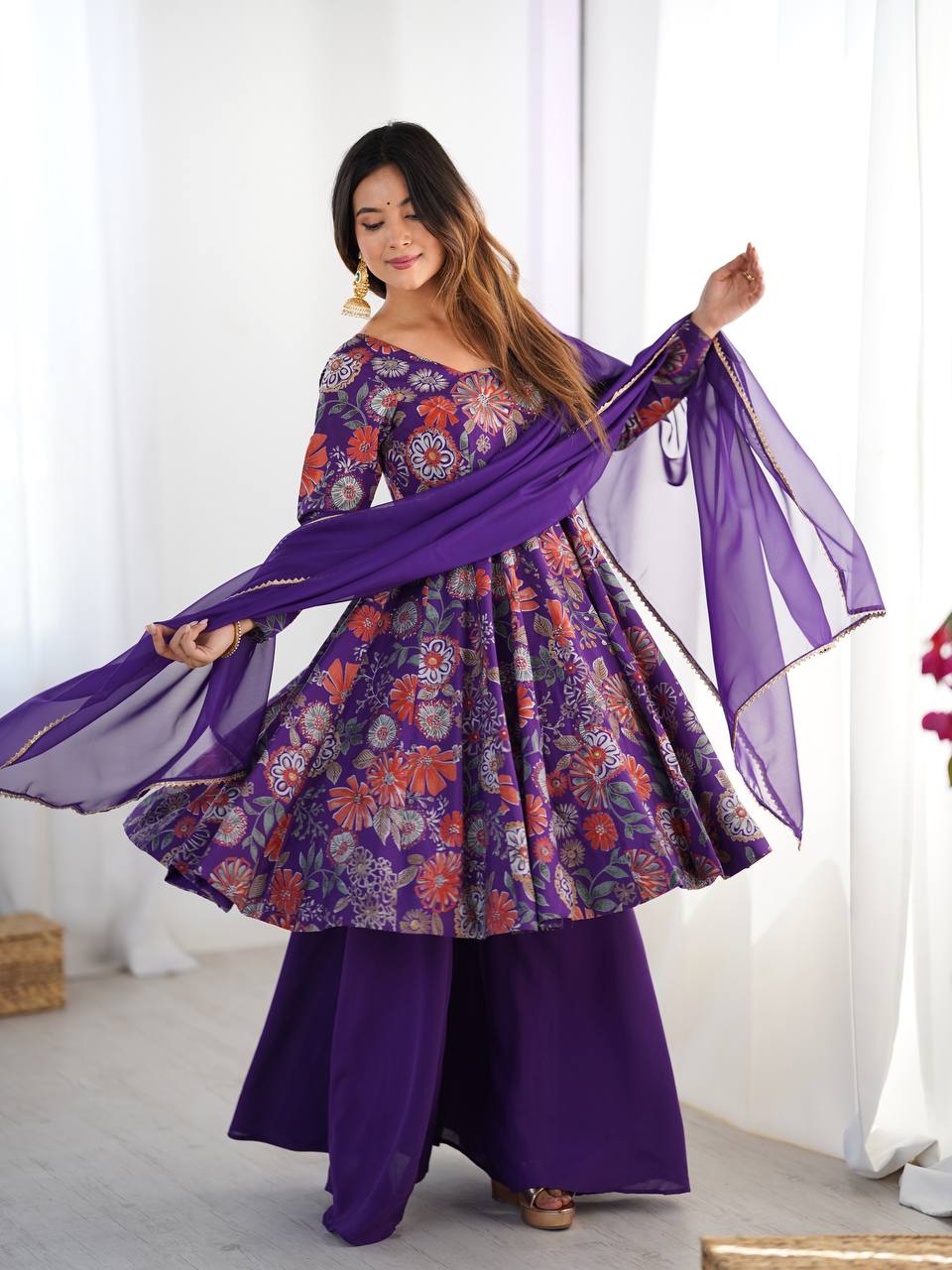 Purple Floral Printed Anarkali with Sharara & Dupatta