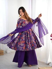 Purple Floral Printed Anarkali with Sharara & Dupatta