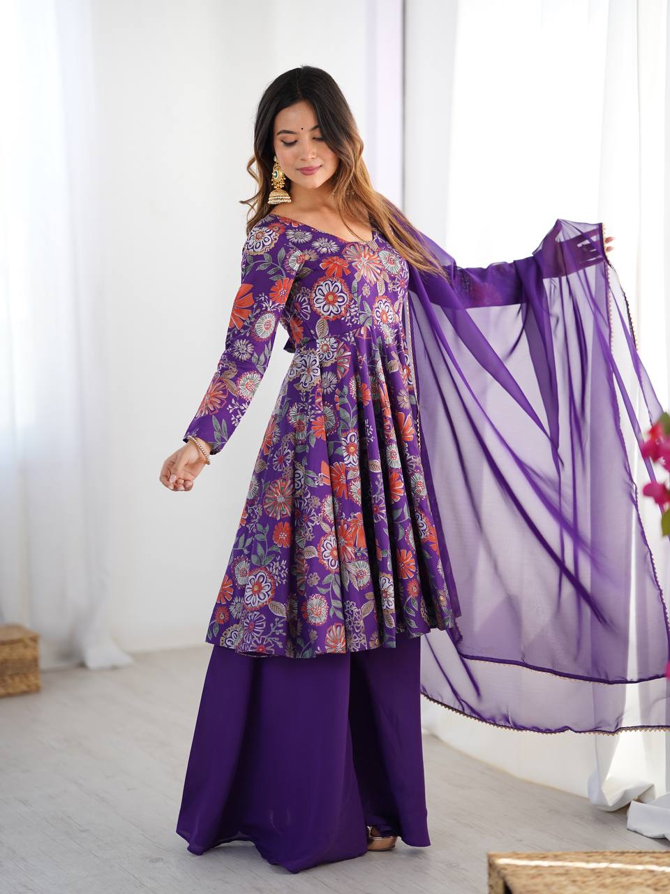 Purple Floral Printed Anarkali with Sharara & Dupatta