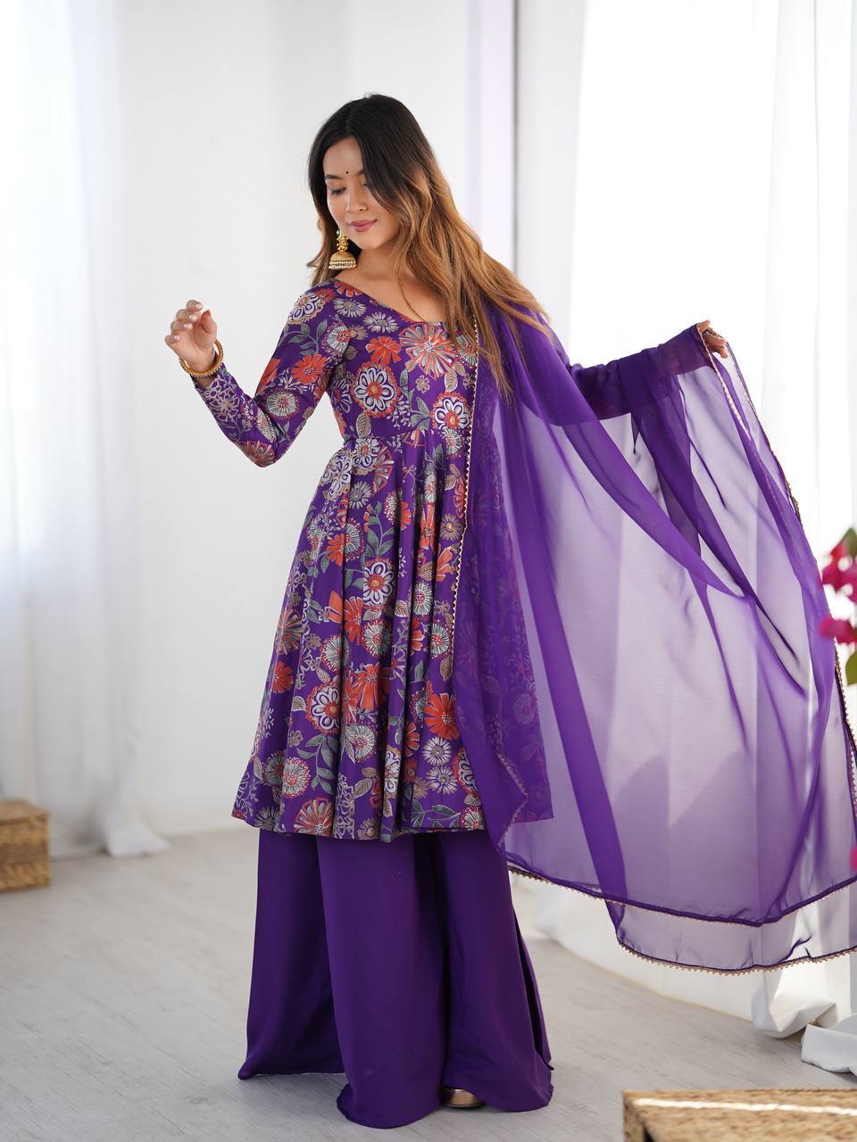 Purple Floral Printed Anarkali with Sharara & Dupatta