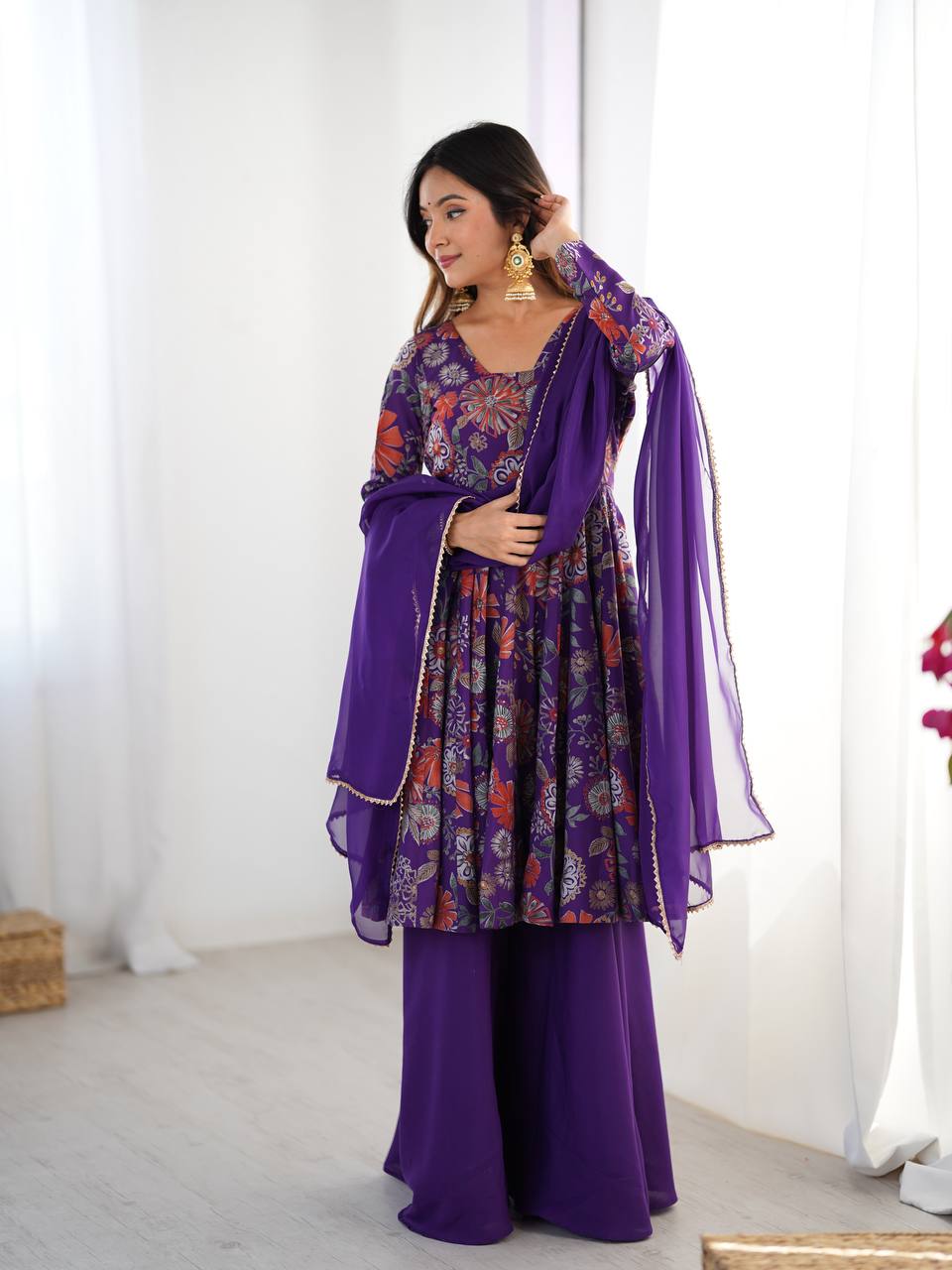 Purple Floral Printed Anarkali with Sharara & Dupatta