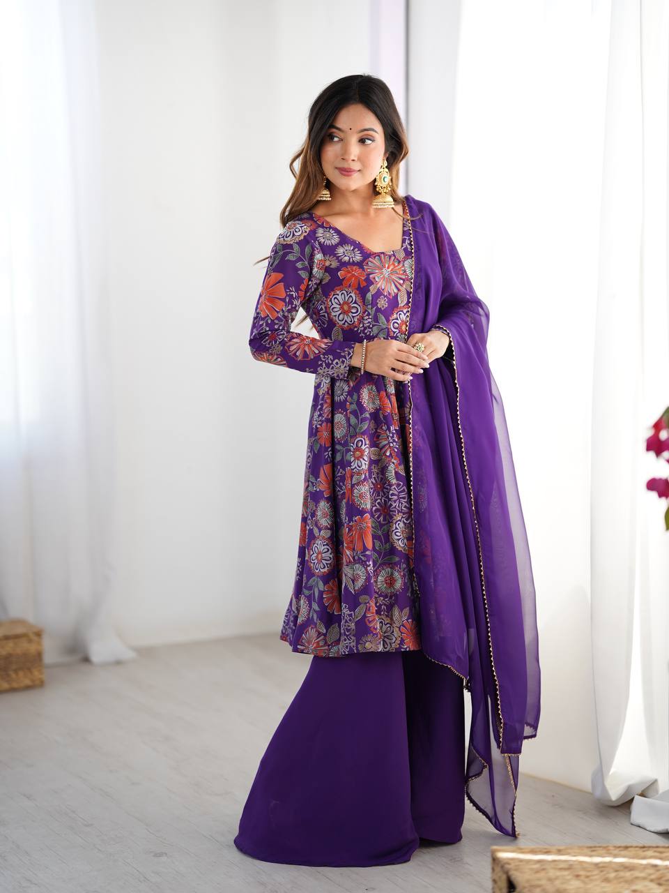 Purple Floral Printed Anarkali with Sharara & Dupatta
