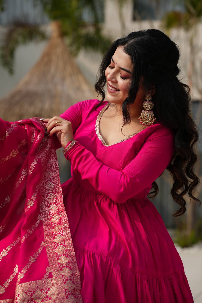 Hot Pink Tiered Anarkali with Banarasi Dupatta